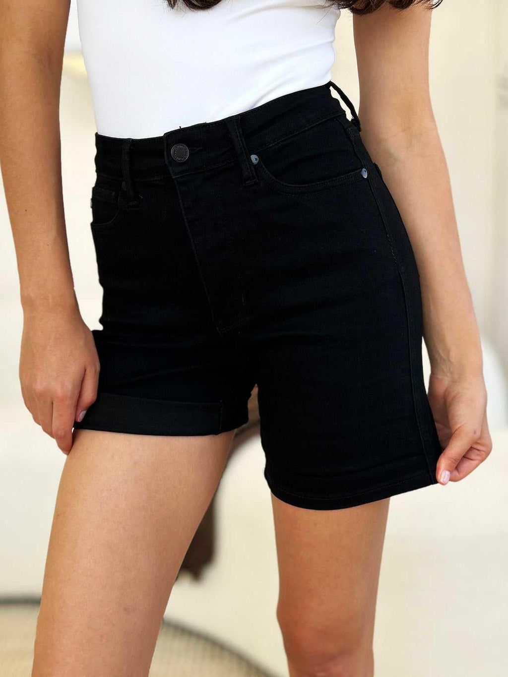 Judy Blue Full Size High Waist Tummy Control Cuffed Denim Shorts -- 