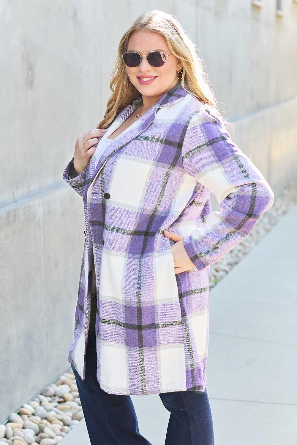 Double Take Full Size Plaid Button Up Lapel Collar Coat -- 
