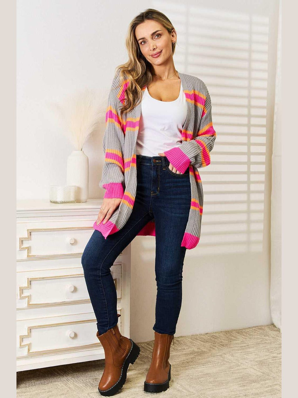 Woven Right Ribbed Long Sleeve Cardigan -- 