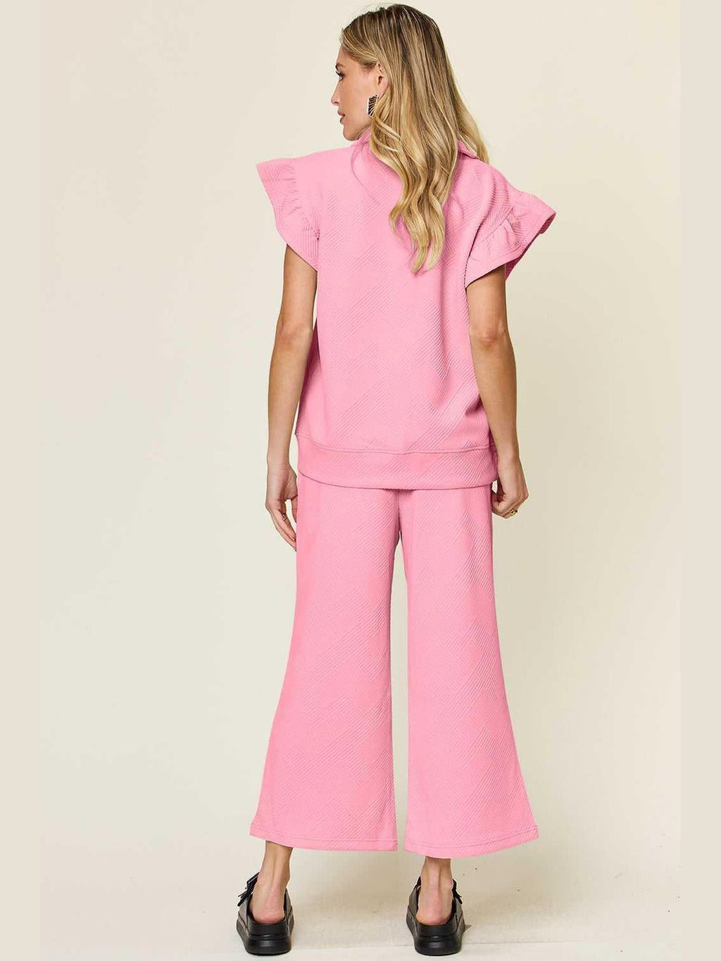 Ruffle Short Sleeve Top and Drawstring Wide Leg Pants Set -- 