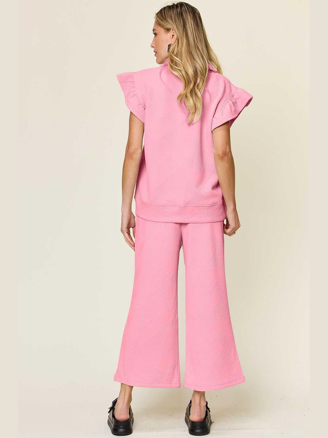 Ruffle Short Sleeve Top and Drawstring Wide Leg Pants Set -- 