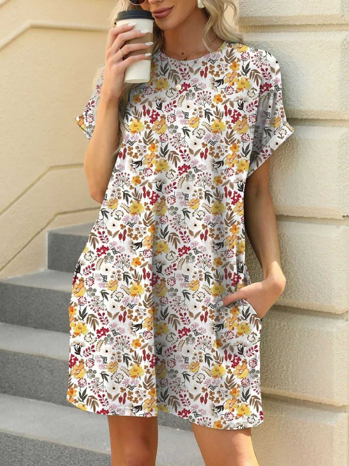 Printed Round Neck Short Sleeve Mini Dress