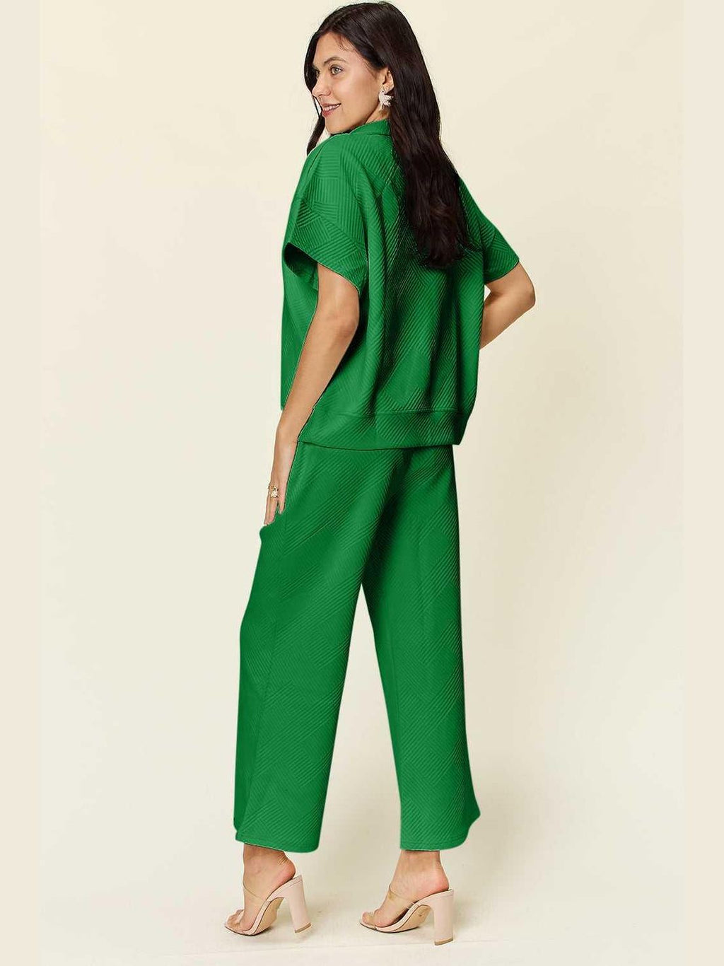 Double Take Full Size Texture Half Zip Short Sleeve Top and Pants Set -- 