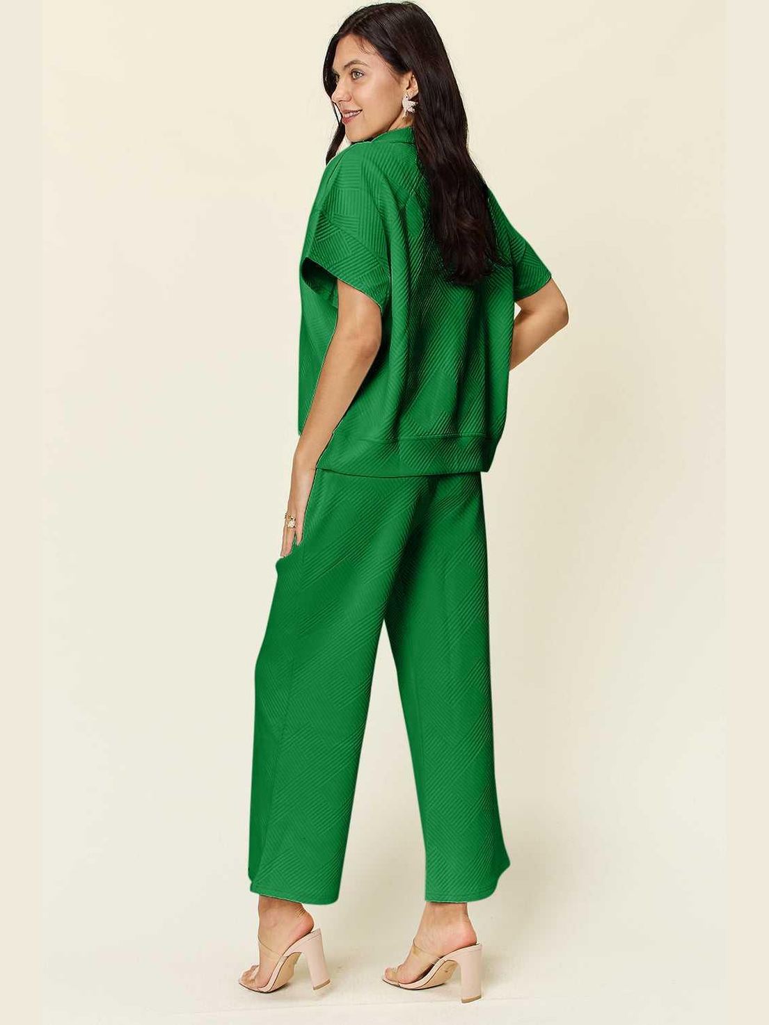 Double Take Full Size Texture Half Zip Short Sleeve Top and Pants Set -- 