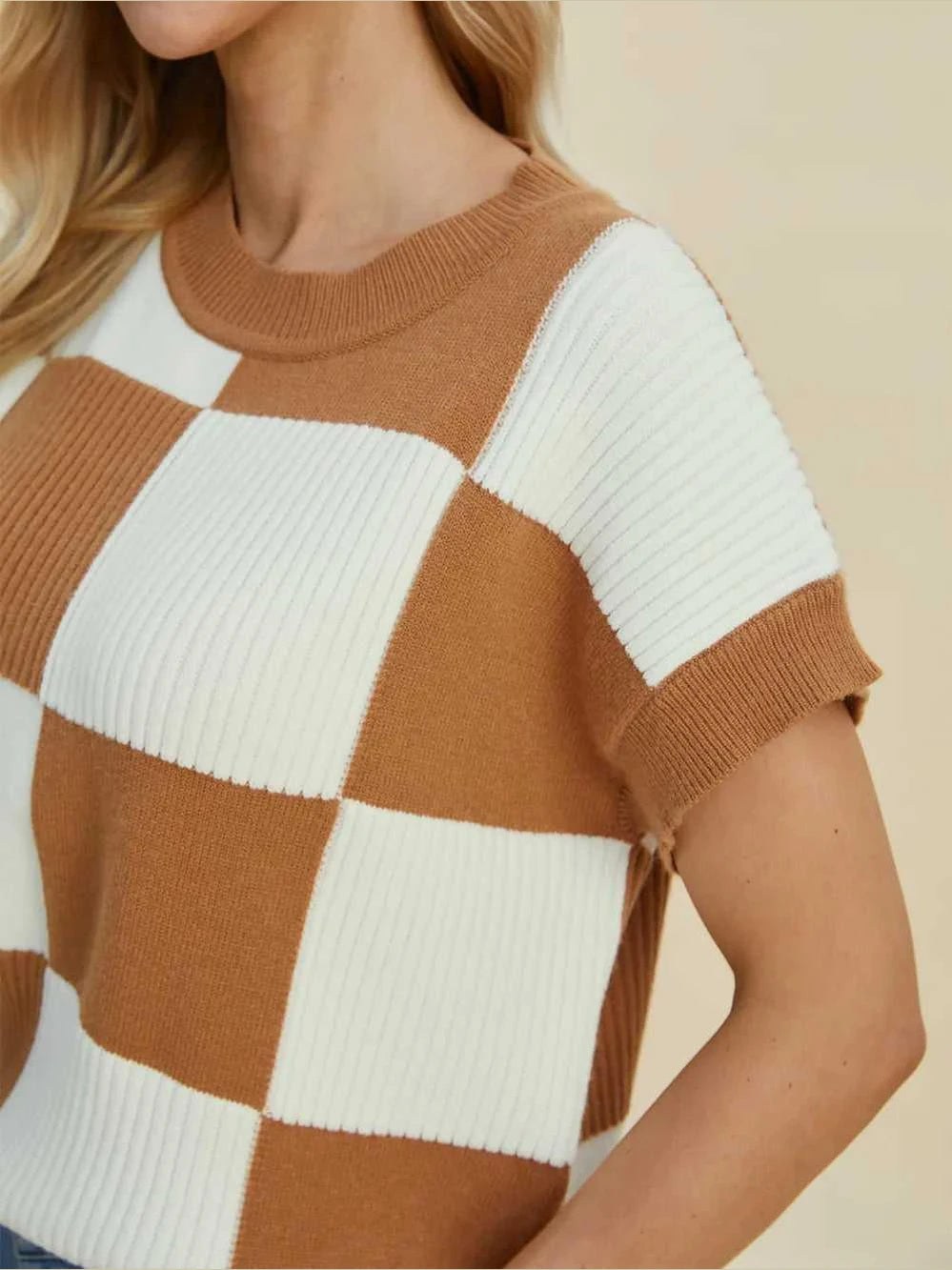 Double Take Full Size Checkered Round Neck Short Sleeve Sweater -- 