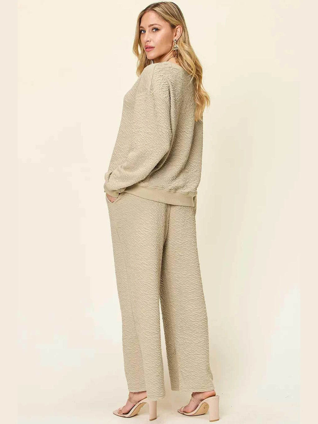 Double Take Full Size Texture Long Sleeve Top and Pants Set -- 