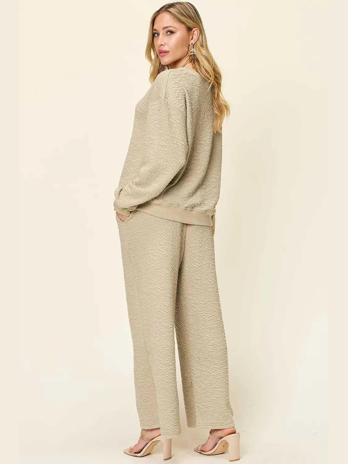 Double Take Full Size Texture Long Sleeve Top and Pants Set -- 