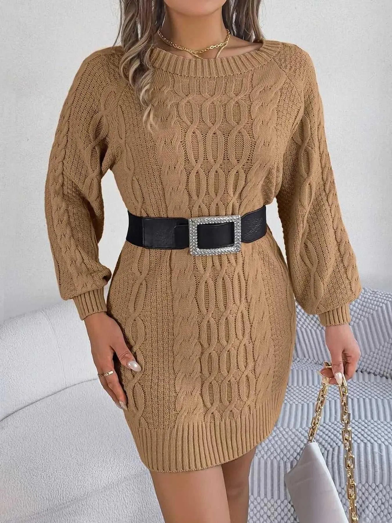 Cable-Knit Round Neck Sweater Dress -- 