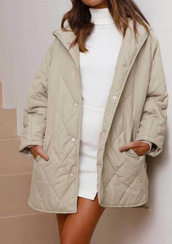 Snap Down Long Sleeve Quilted Winter Coat -- 