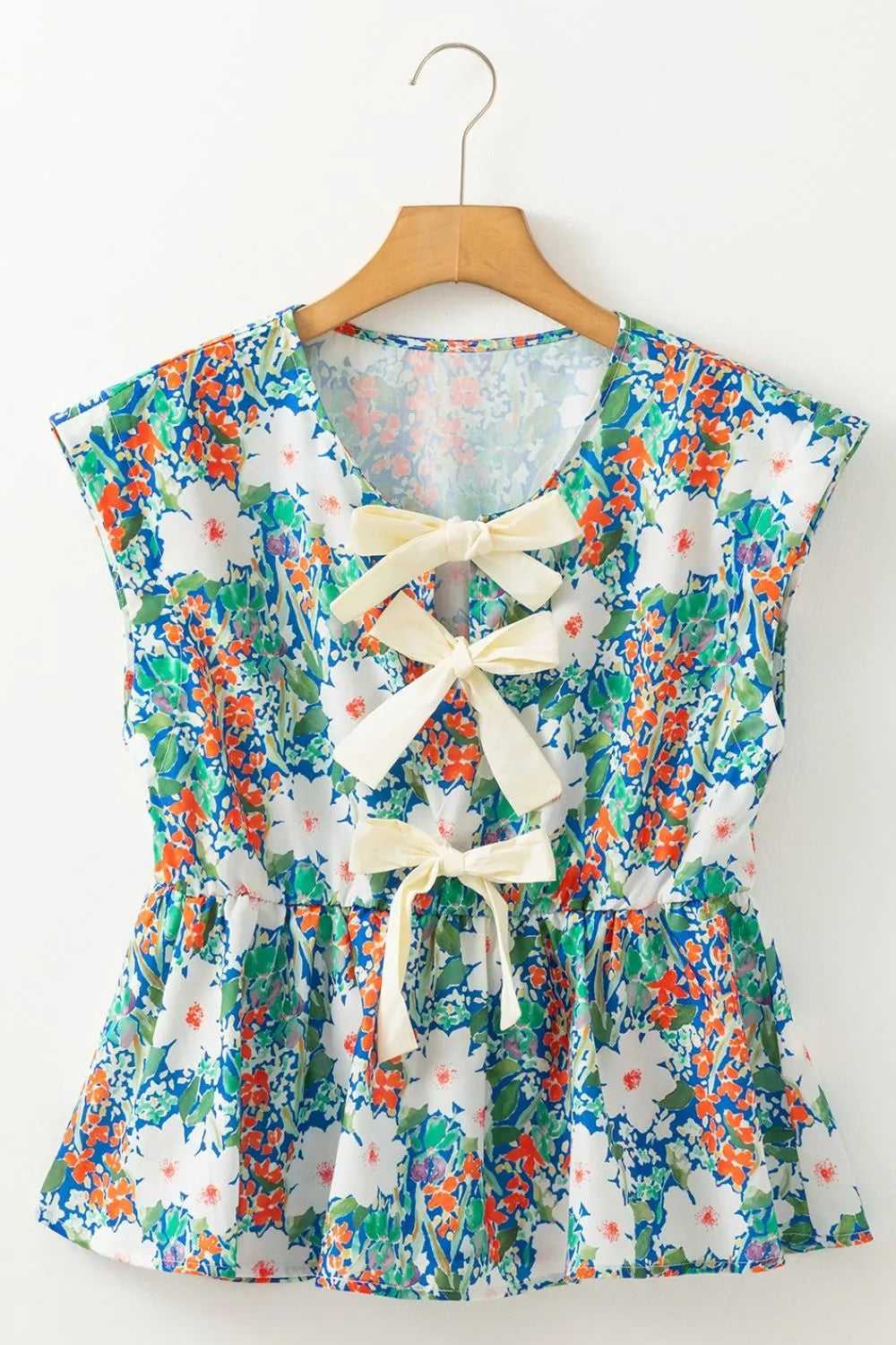 Floral Print Bow Applique Slit Sleeveless Peplum Blouse