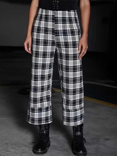 Full Size Plaid High Waist Pants -- 