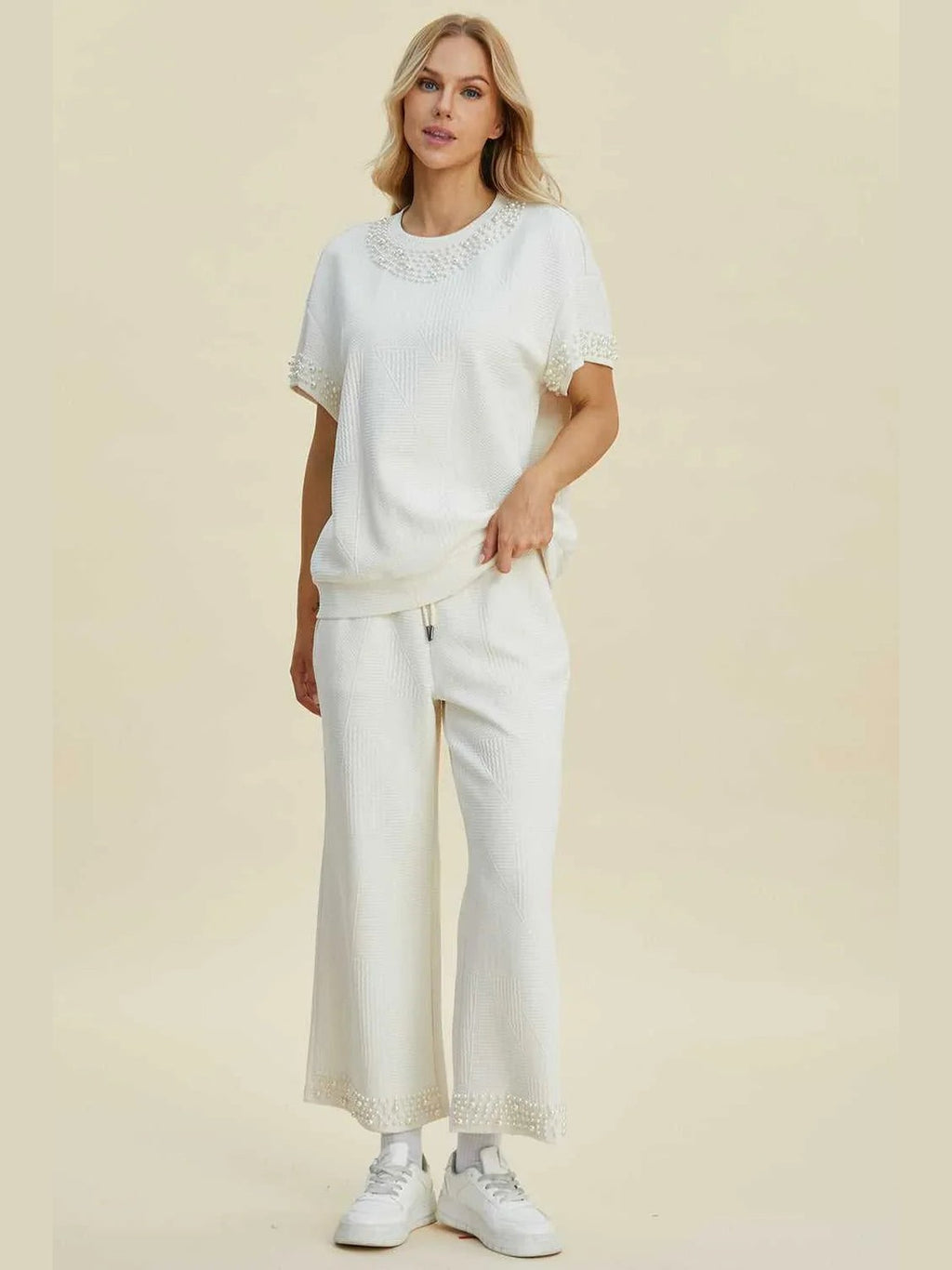 Double Take Full Size Pearl Detail Round Neck Top and Pants Set -- 