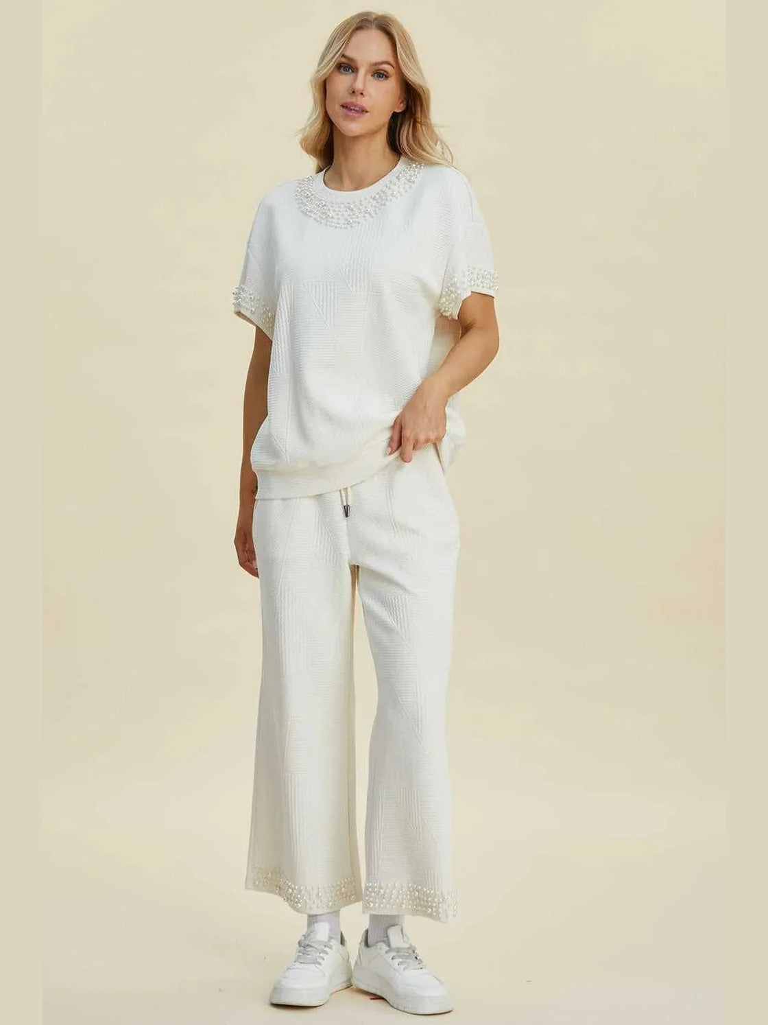 Double Take Full Size Pearl Detail Round Neck Top and Pants Set -- 