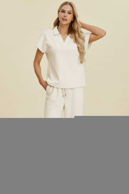 Double Take Full Size Collared Neck Short Sleeve Top and Pants Set