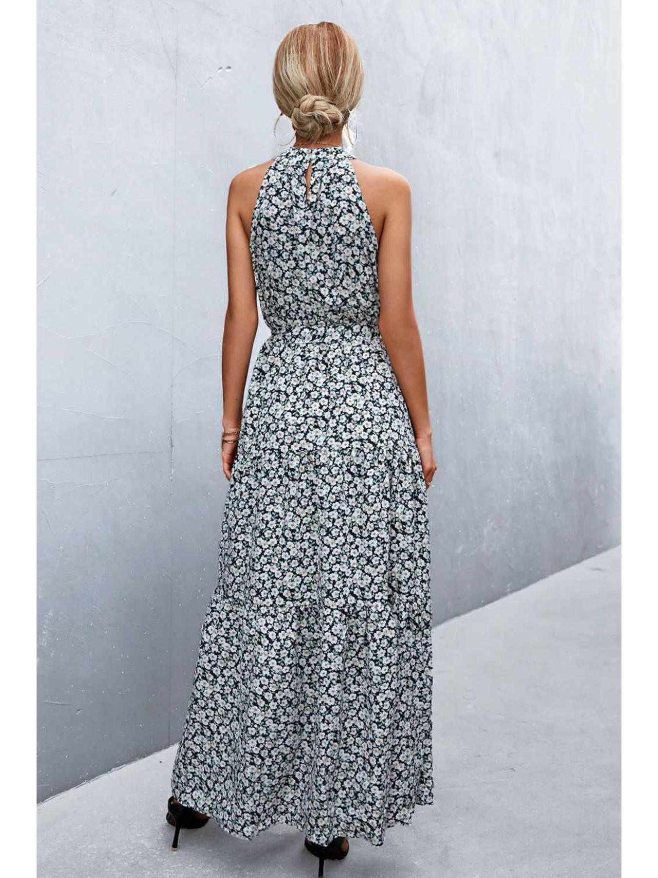 Printed Sleeveless Tie Waist Maxi Dress -- 