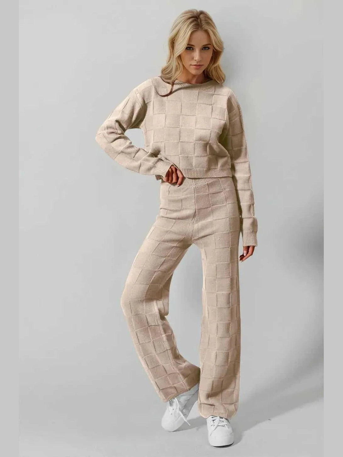 Double Take Full Size Checkered Round Neck Top and Pants Set -- 