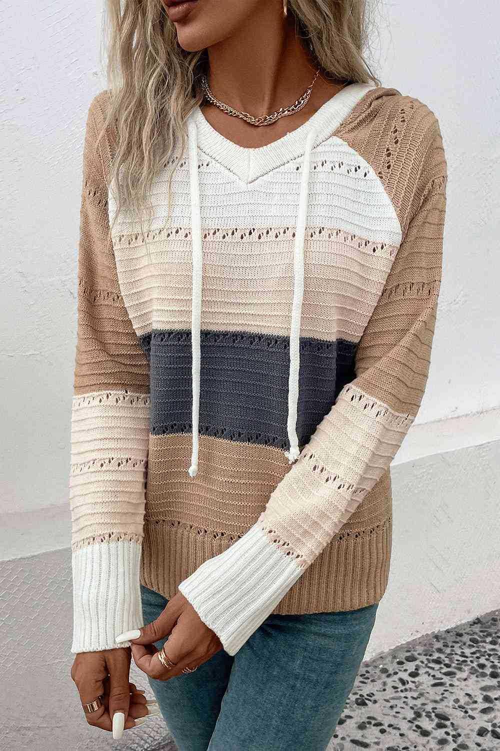 Perfee Color Block Drawstring Hooded Sweater -- 
