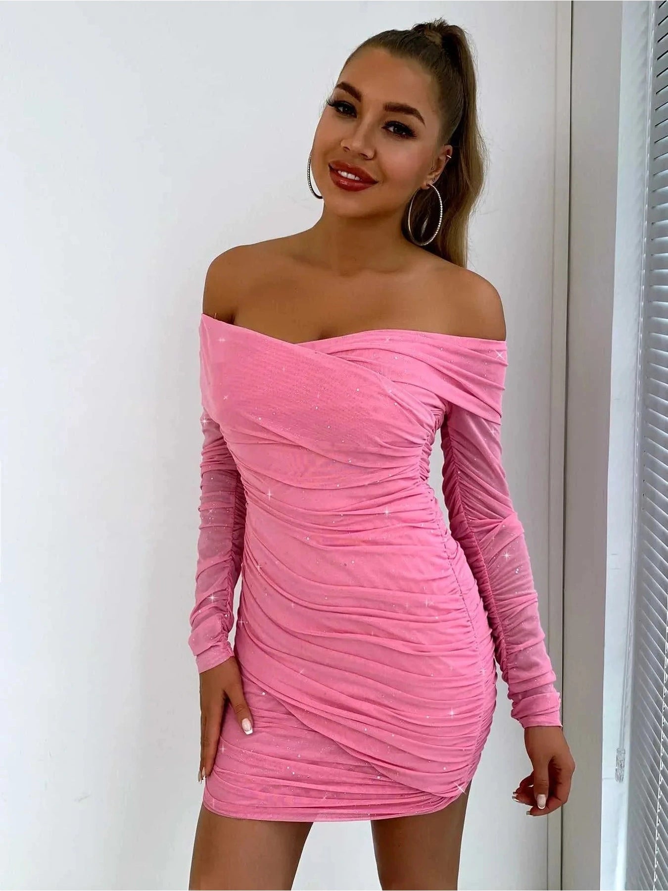 Glitter Ruched Off-Shoulder Long Sleeve Bodycon Dress -- 
