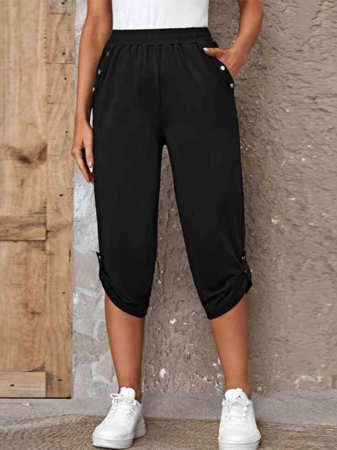 Full Size Roll-Tab Capris Pants -- 