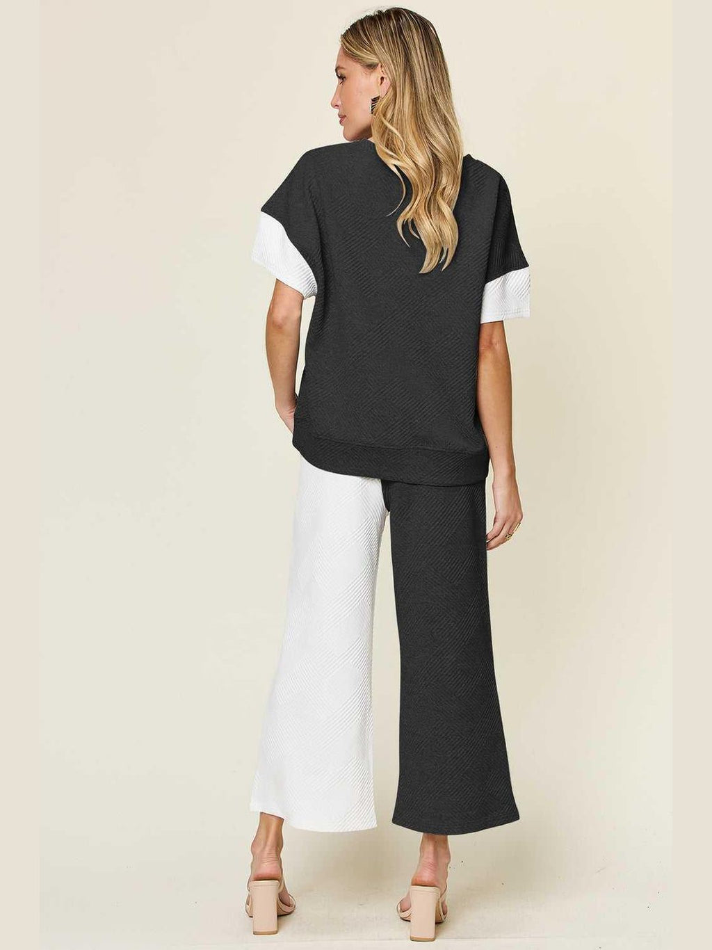 Double Take Full Size Texture Contrast T-Shirt and Wide Leg Pants Set -- 