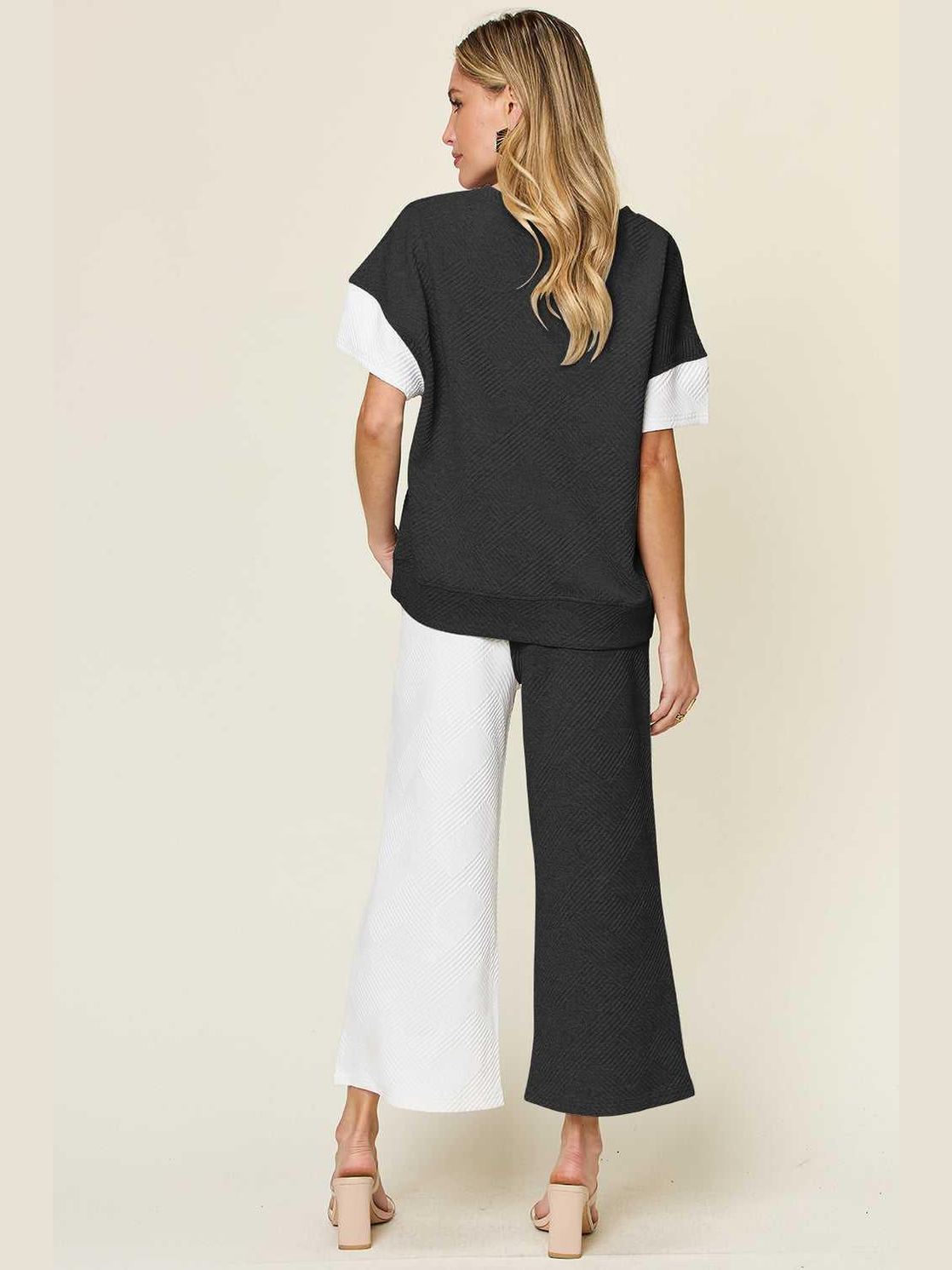 Double Take Full Size Texture Contrast T-Shirt and Wide Leg Pants Set -- 