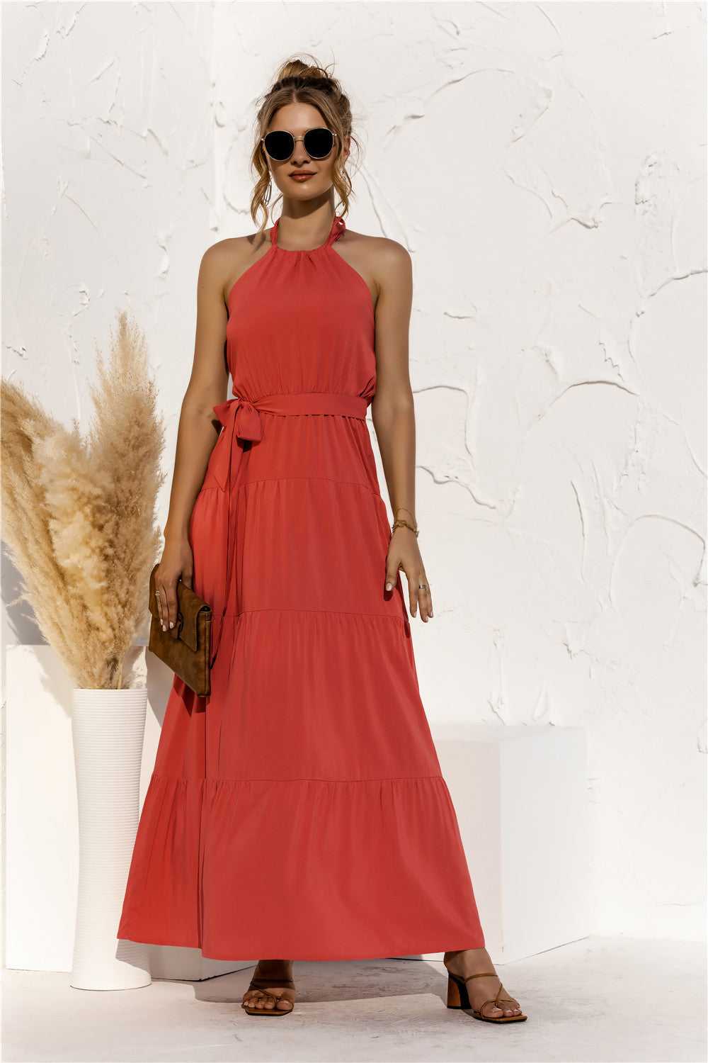 Halter Neck Tie Waist Tiered Maxi Dress - product_type from hopeford-streams.myshopify.com