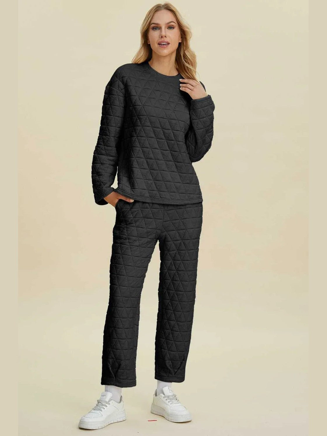 Double Take Full Size Texture Round Neck Long Sleeve Top and Pants Set -- 