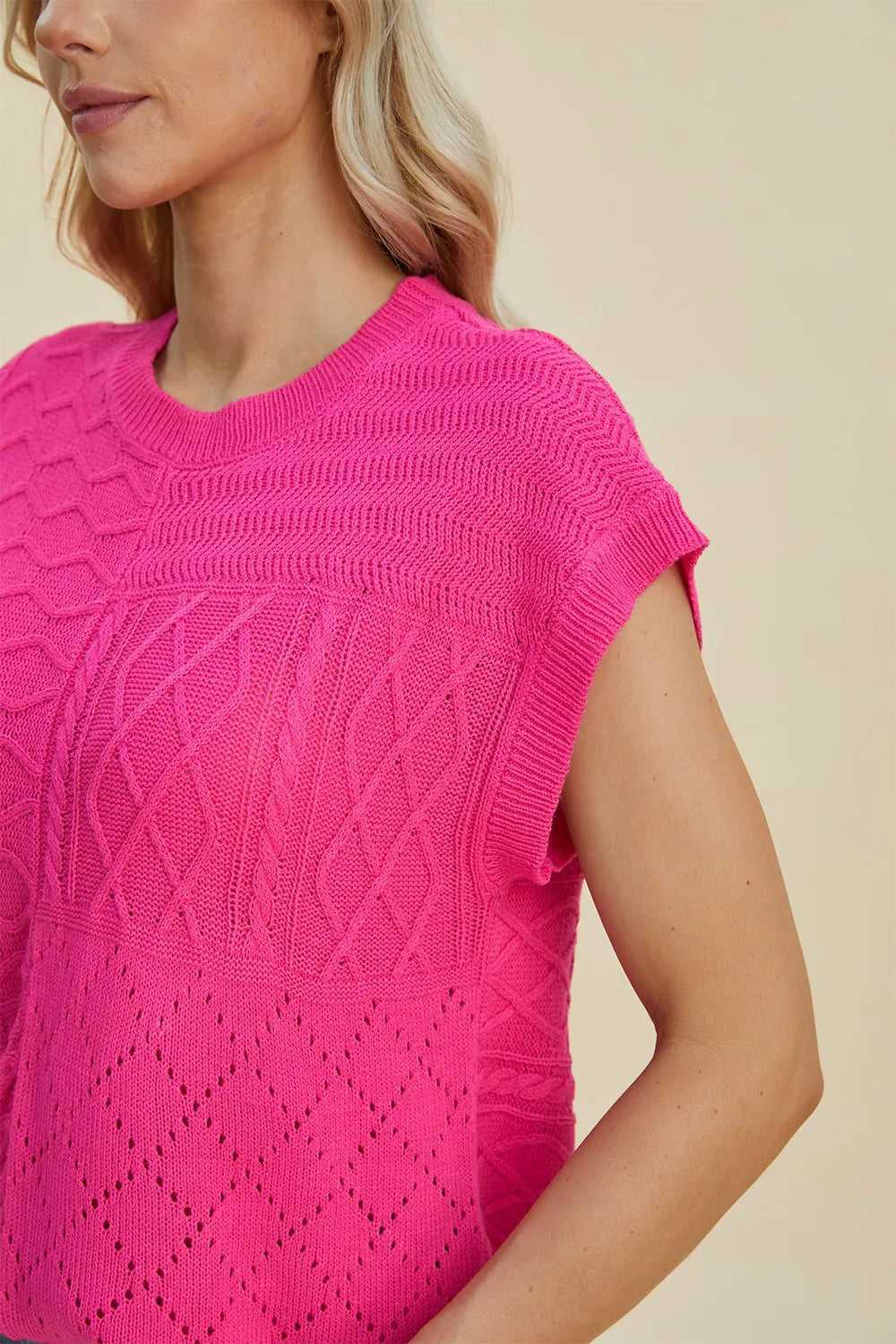 Double Take Full Size Cable-Knit Round Neck Cap Sleeve Sweater -- 