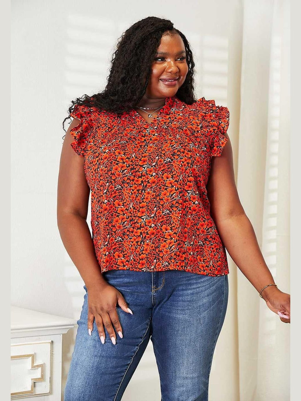 Double Take Floral Flutter Sleeve Notched Neck Blouse -- 