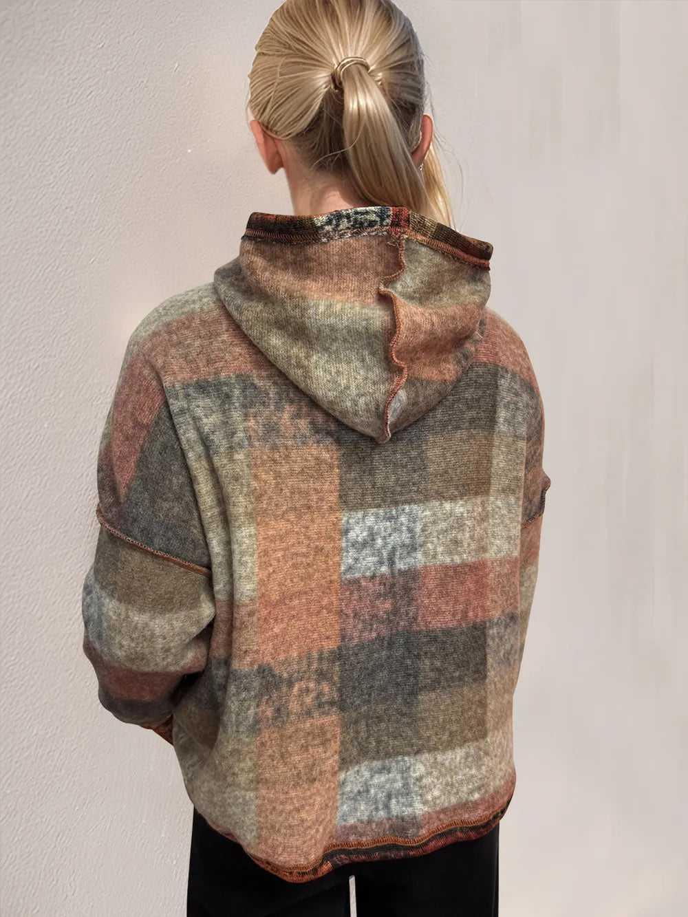 Double Take Full Size Plaid Dropped Shoulder Fleece Hoodie -- 