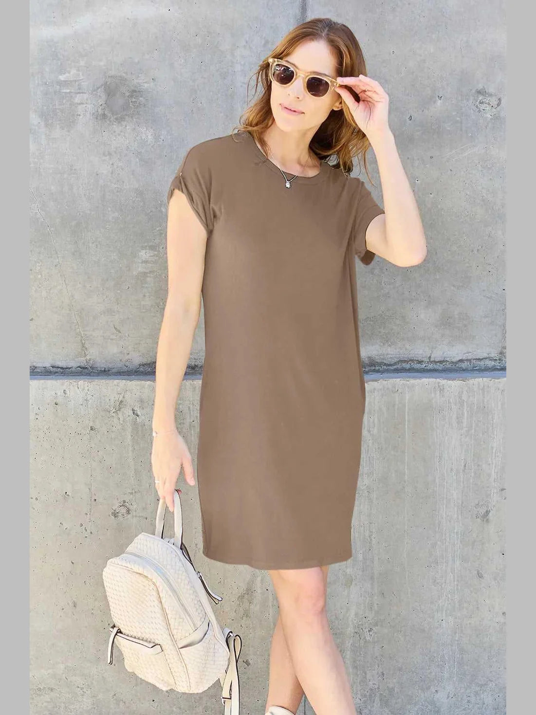 Basic Bae Full Size Round Neck Short Sleeve Dress with Pockets -- 