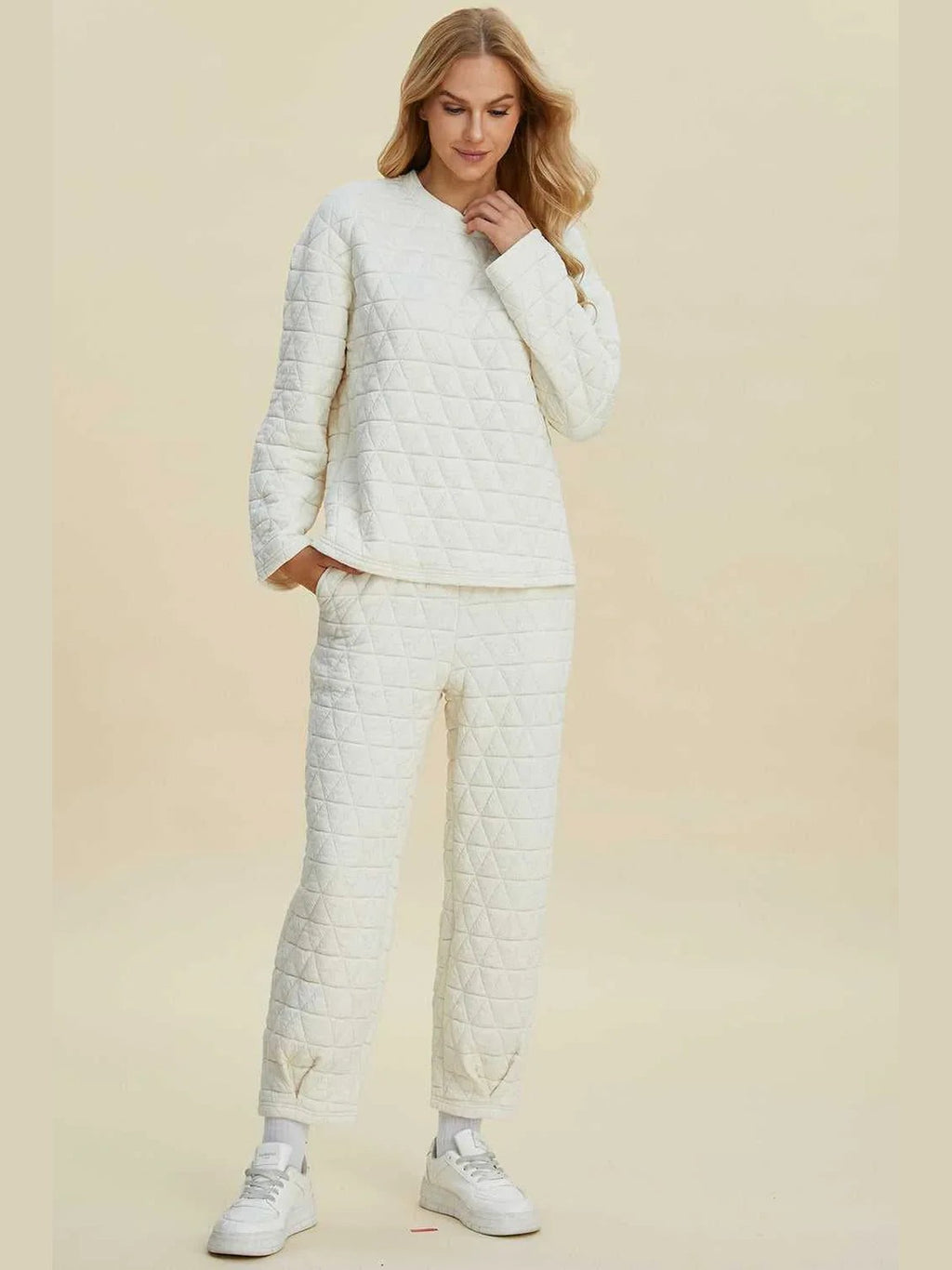 Double Take Full Size Texture Round Neck Long Sleeve Top and Pants Set -- 