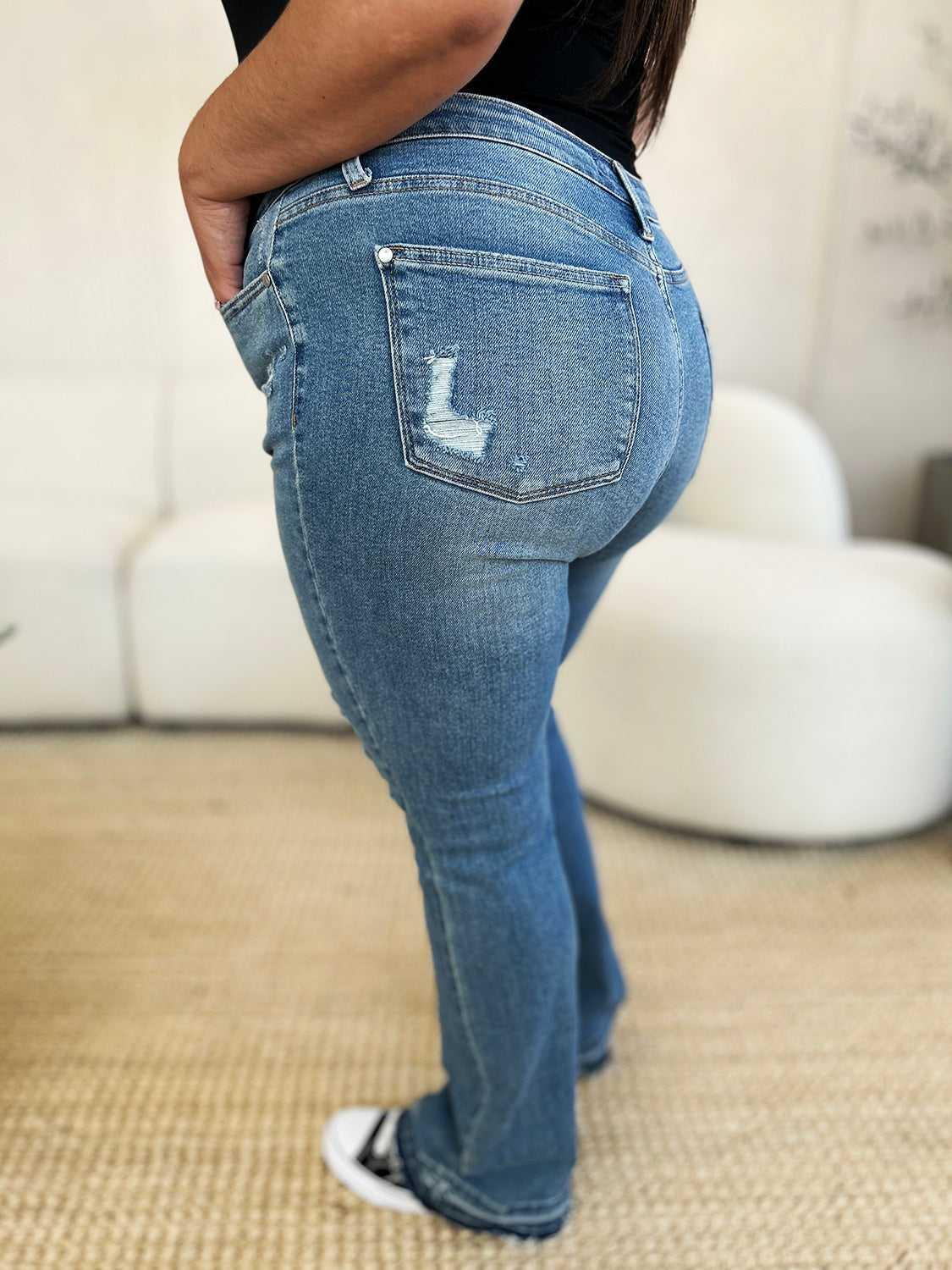 Judy Blue Full Size Mid Rise Destroyed Hem Distressed Jeans -- 