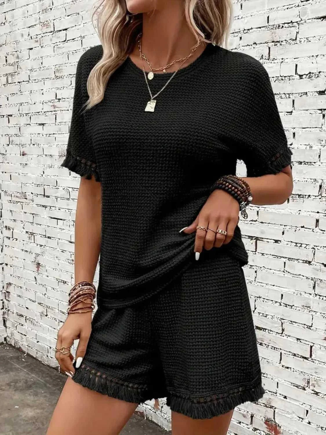 Tassel Round Neck Top and Shorts Set -- 
