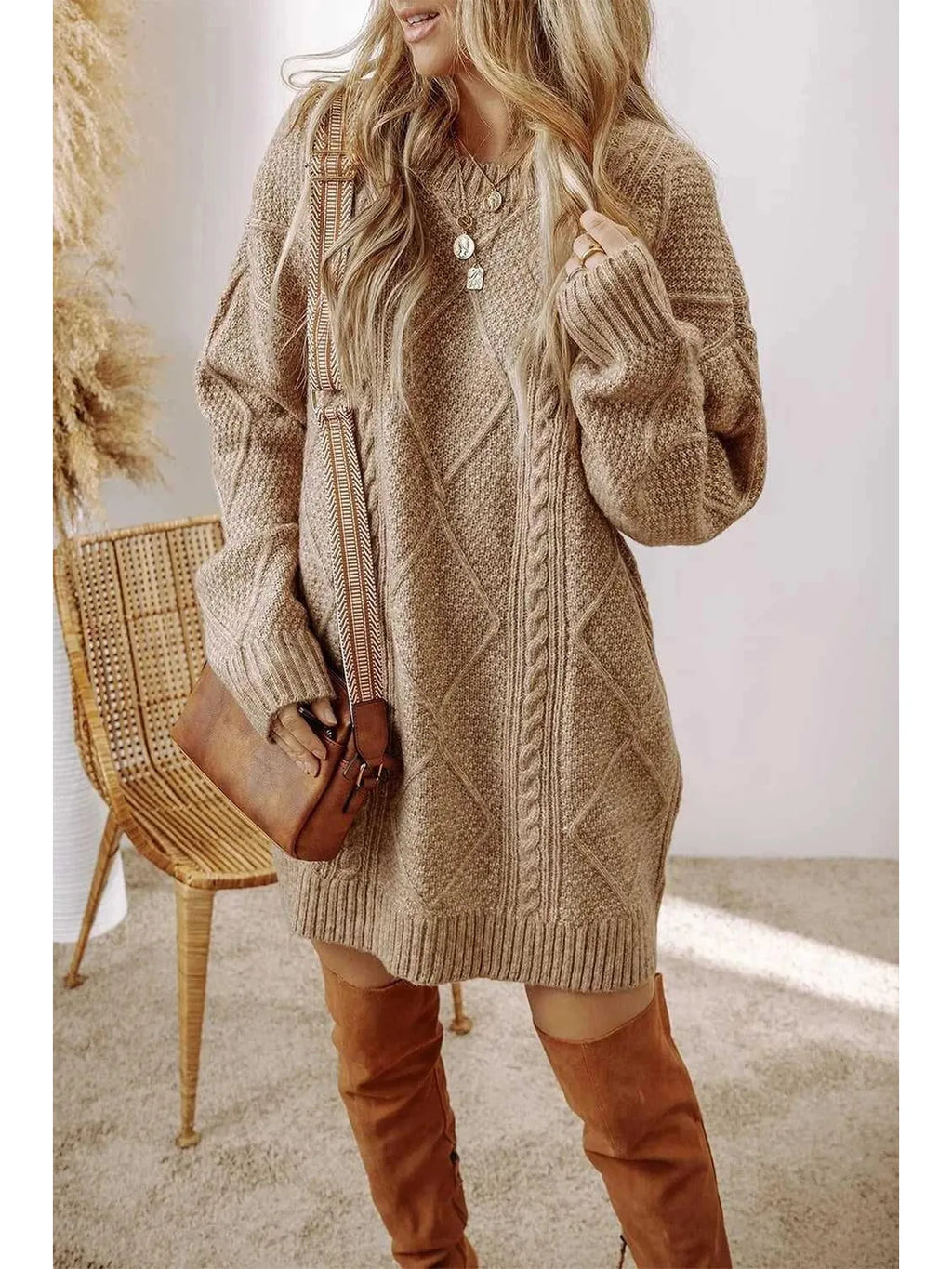 Cable-Knit Round Neck Sweater Dress -- 