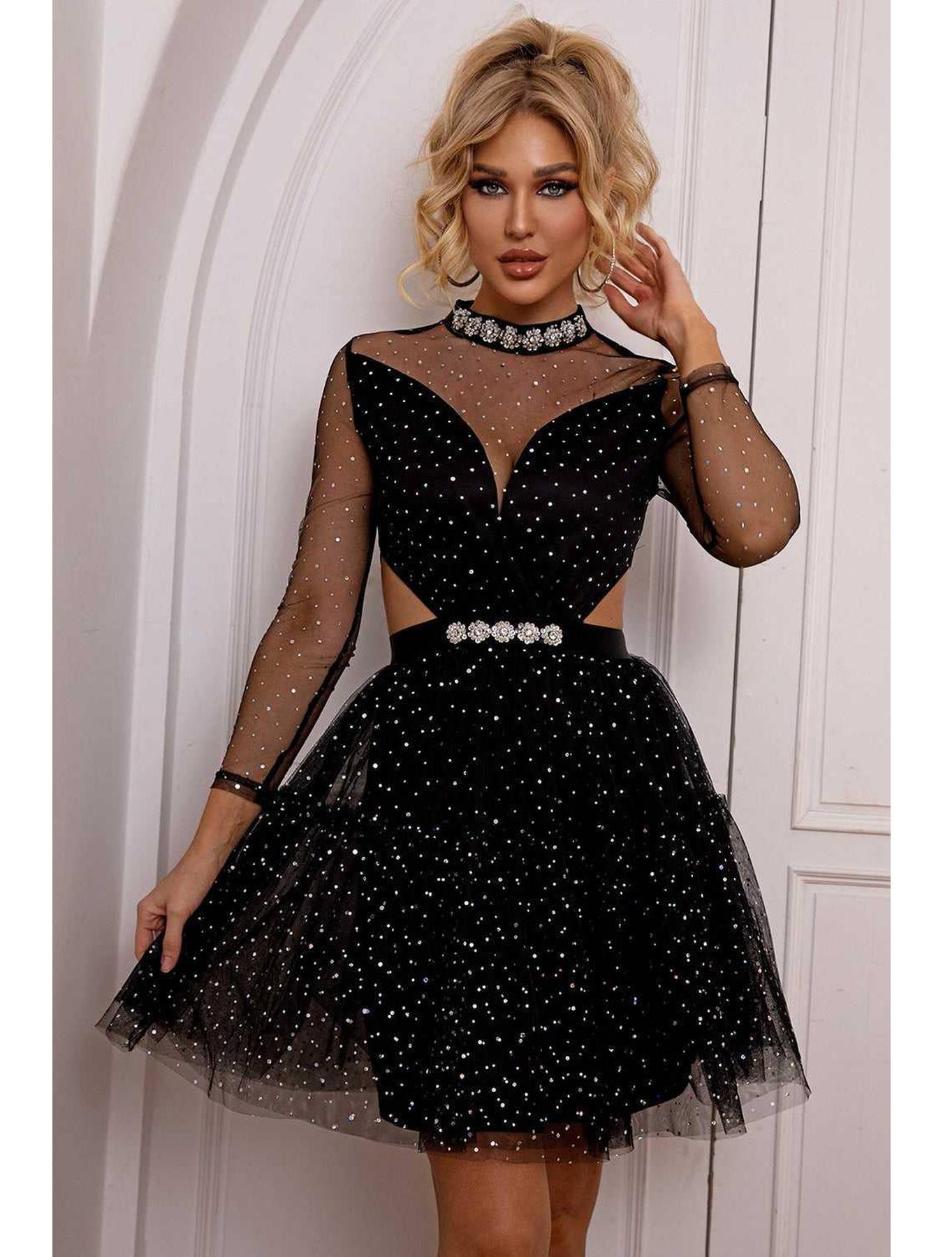 Cutout Mock Neck Mesh Dress -- 