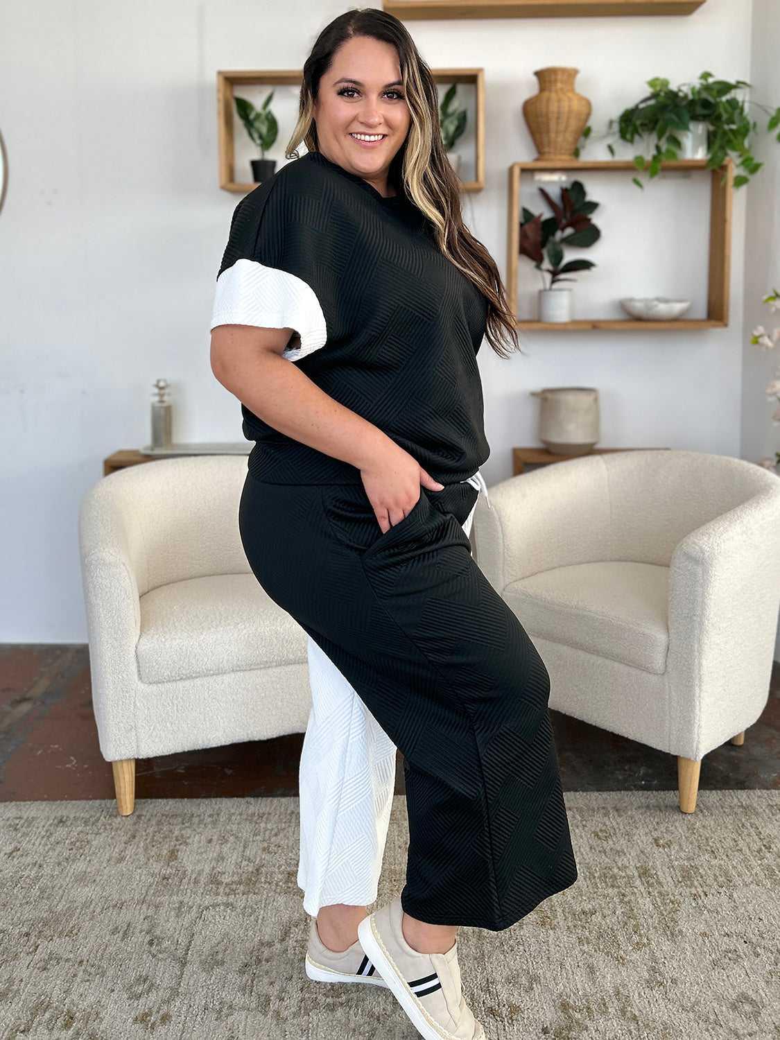Double Take Full Size Texture Contrast T-Shirt and Wide Leg Pants Set -- 