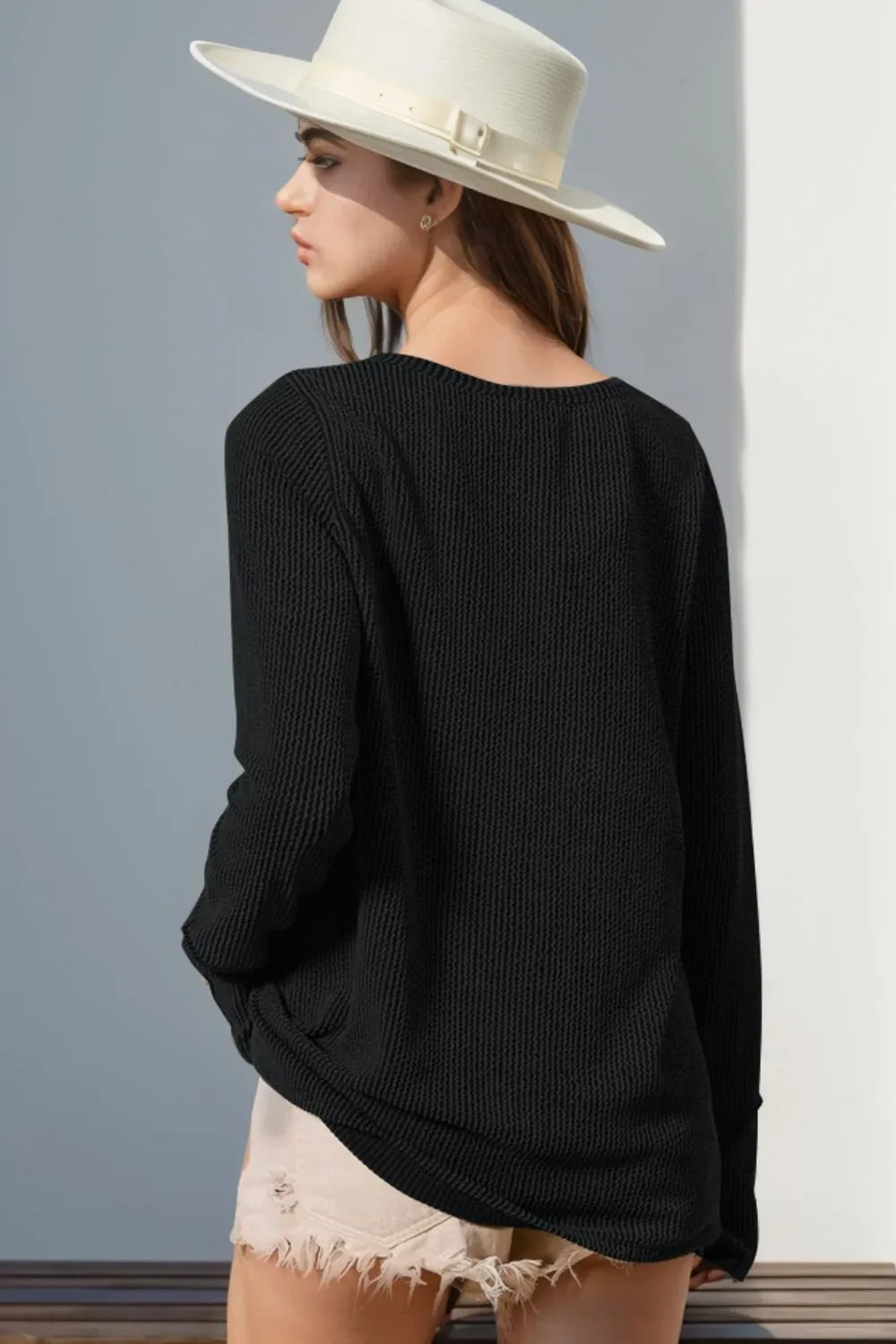 Double Take Full Size Notched Thumbhole Long Sleeve T-Shirt -- 