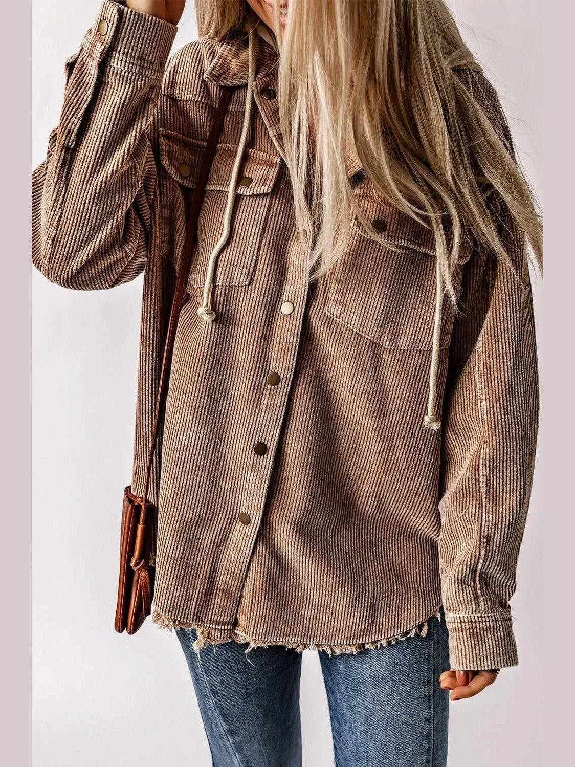 Snap Front Hooded Corduroy Shacket -- 