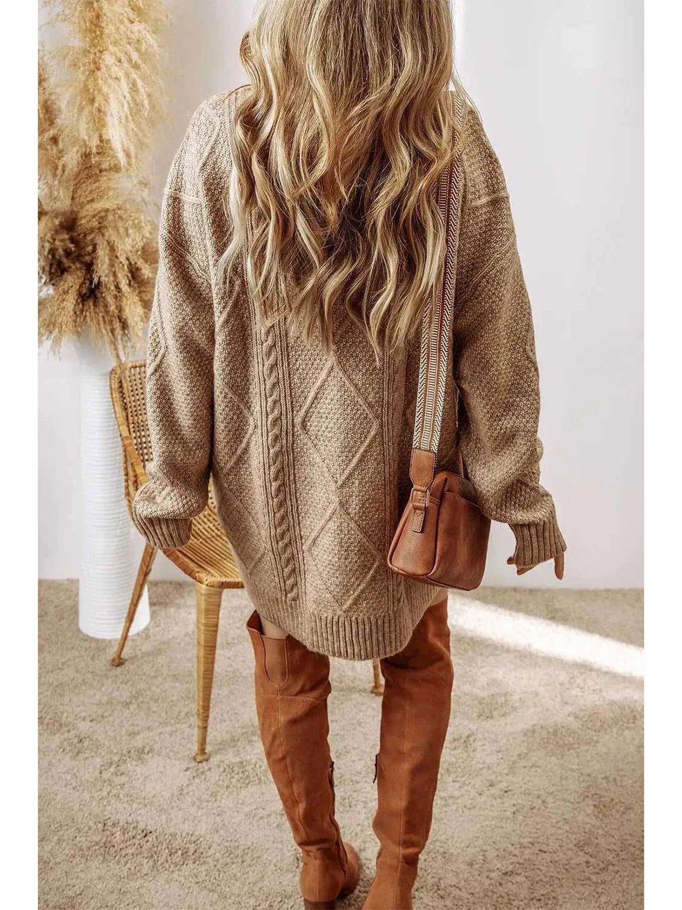 Cable-Knit Round Neck Sweater Dress -- 