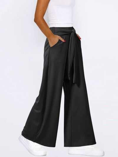 Tied Wide Leg Pants with Pockets -- 