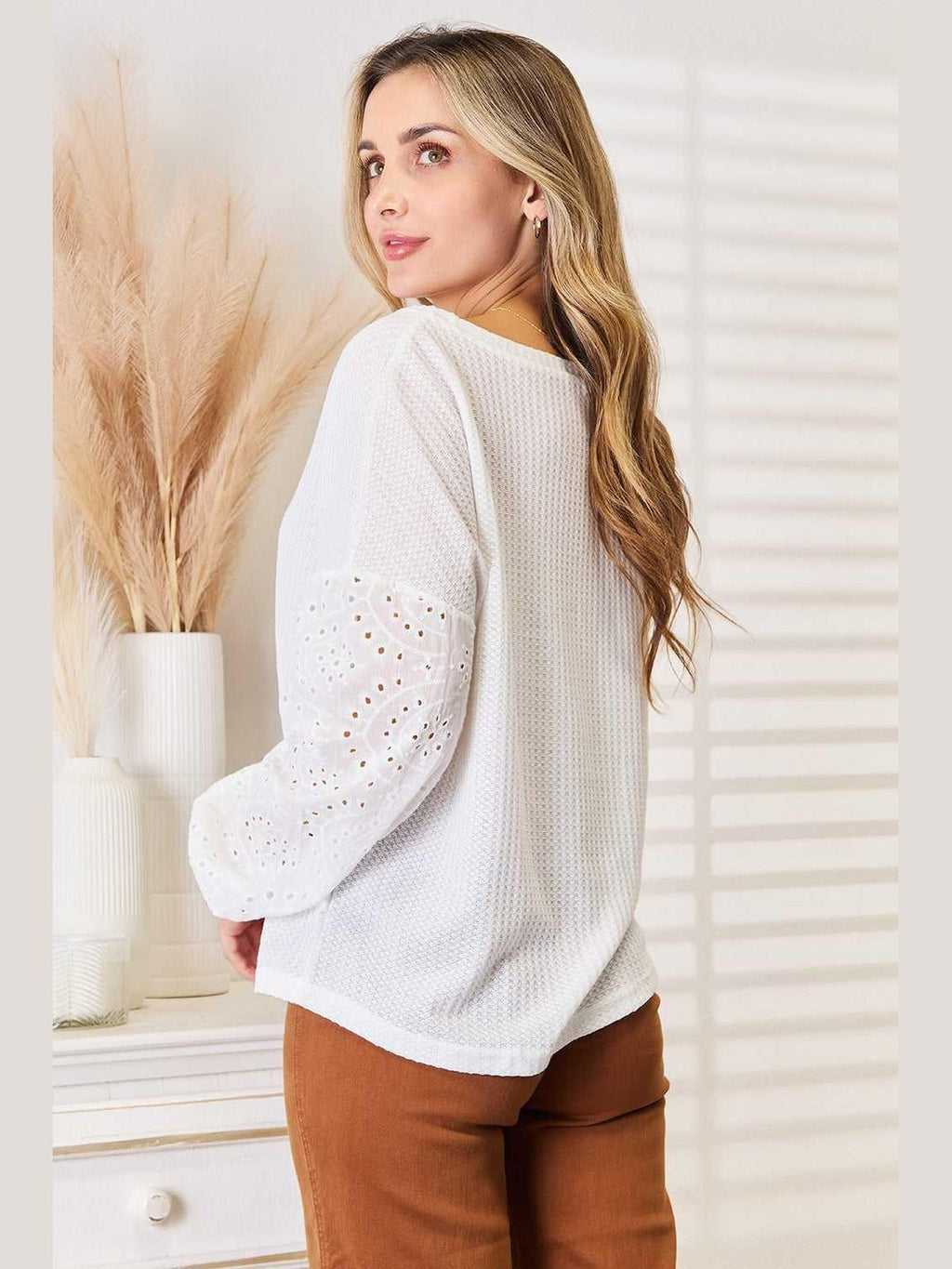 Shiny Eyelet Dropped Shoulder Round Neck Blouse -- 