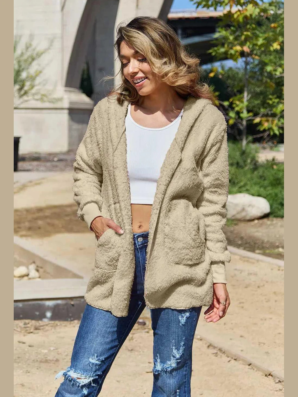Full Size Teddy Hooded Jacket with Pockets -- 