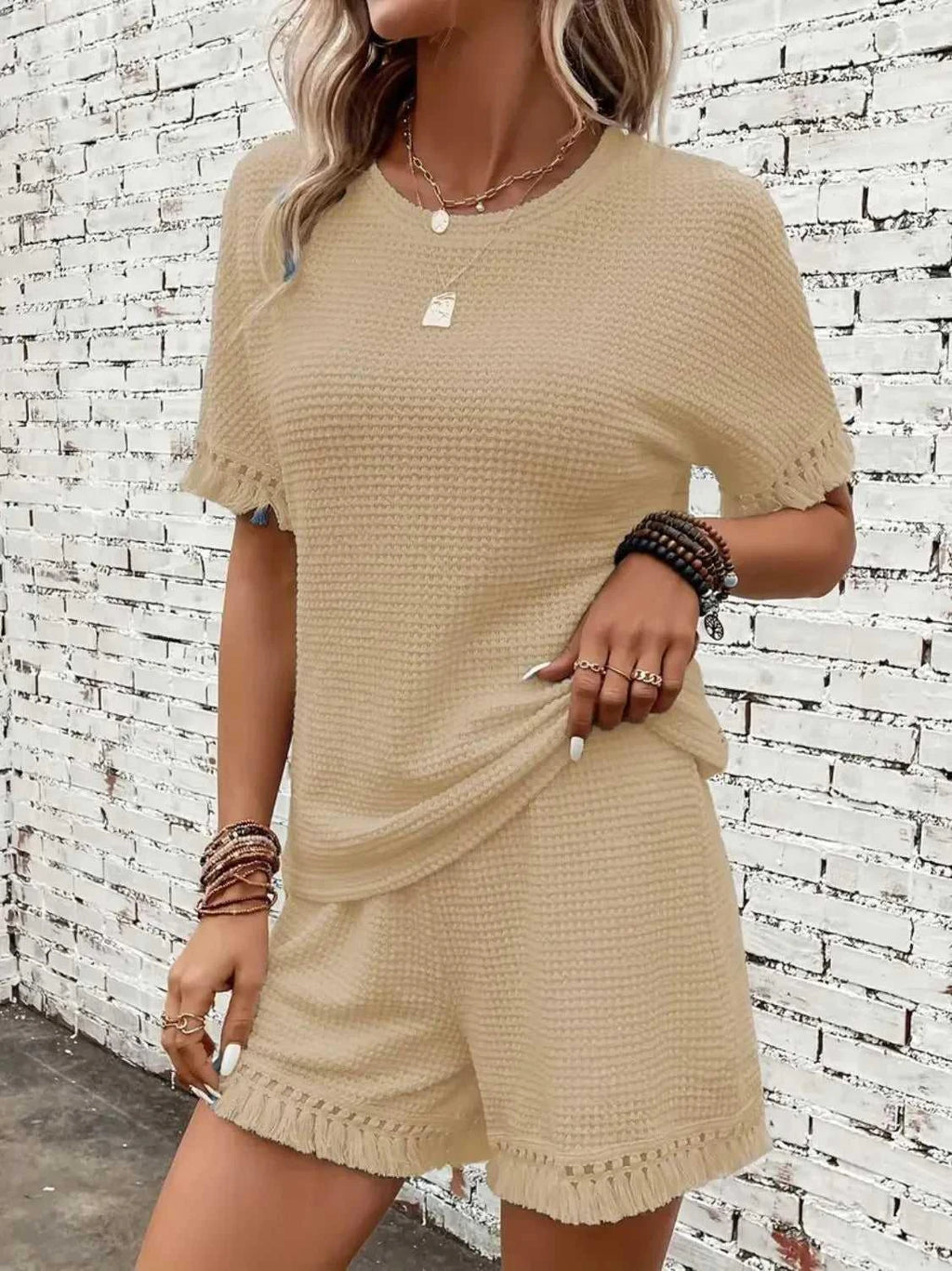 Tassel Round Neck Top and Shorts Set -- 
