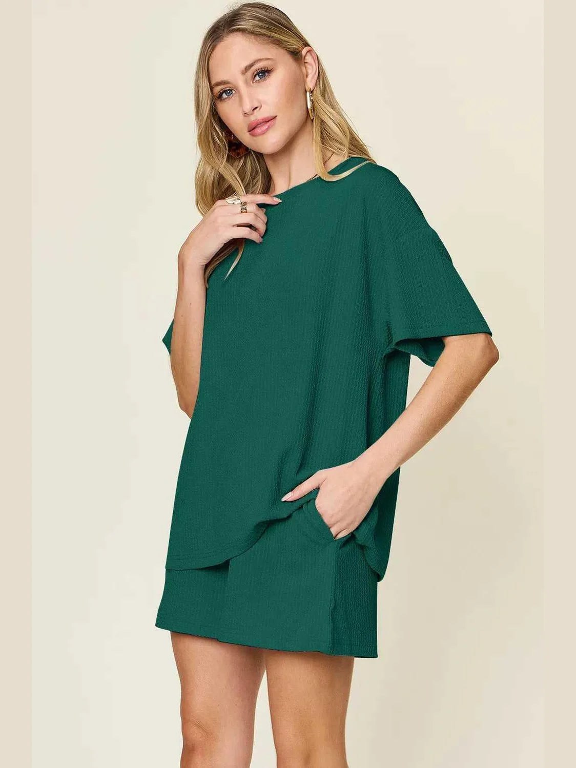 Double Take Basic style Round Neck Solid Set -- 