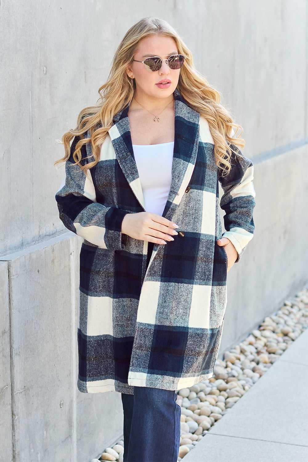 Double Take Full Size Plaid Button Up Lapel Collar Coat -- 