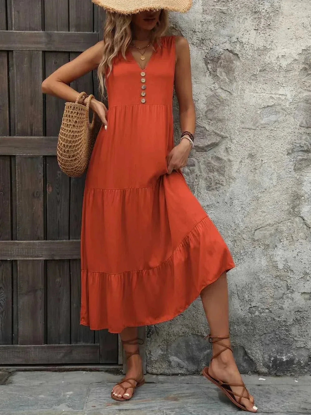 Ivy Lane Decorative Button Notched Sleeveless Dress -- 