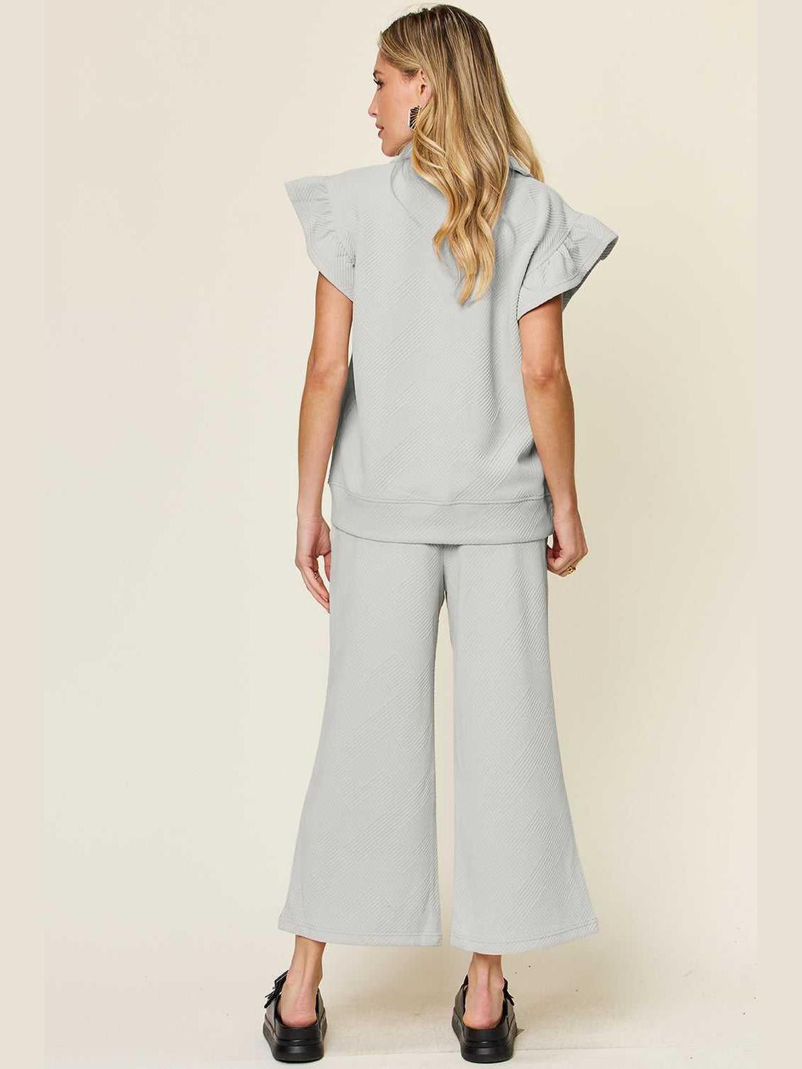 Ruffle Short Sleeve Top and Drawstring Wide Leg Pants Set -- 