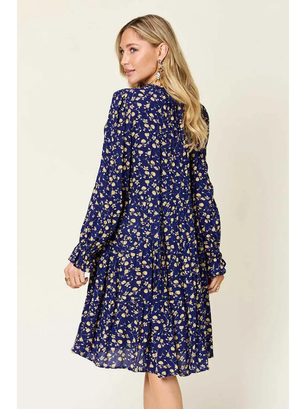 Double Take Full Size Printed Ruffle Hem Long Sleeve Tiered Dress -- 