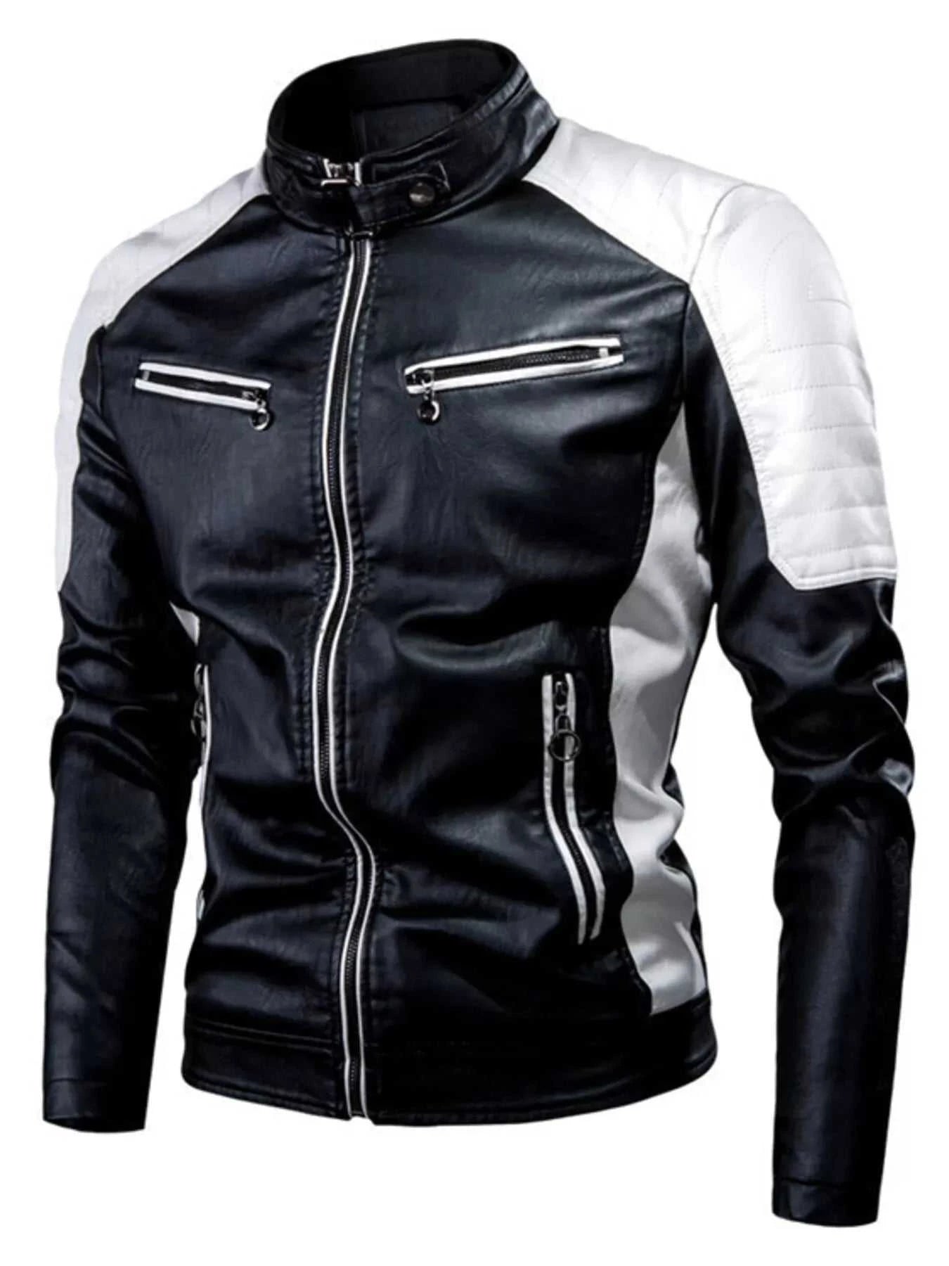 Men's Plus Size Two-Tone Slim Fit Motorcycle Leather Jacket